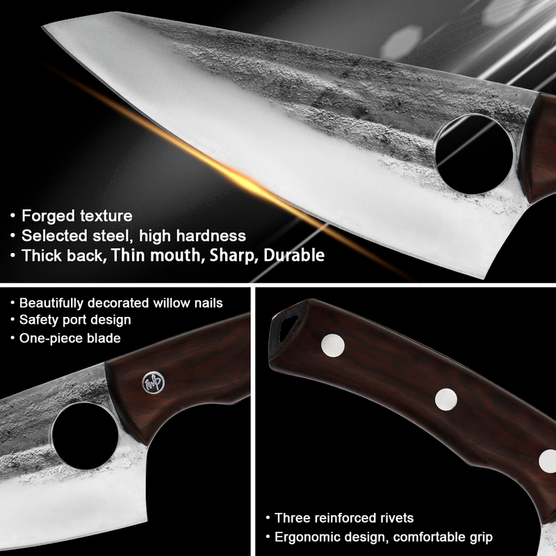 Cuchillo de caza de acero inoxidable de 5,5 ", cuchillo de carnicero forjado a mano, para picar carne y pescado, supervivencia al aire libre