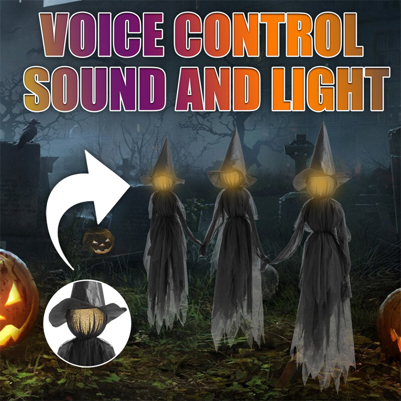 Halloween decoração definir luz acima bruxas ao ar livre segurando mãos horror gritando witche com estacas de som ativado sensor decoração