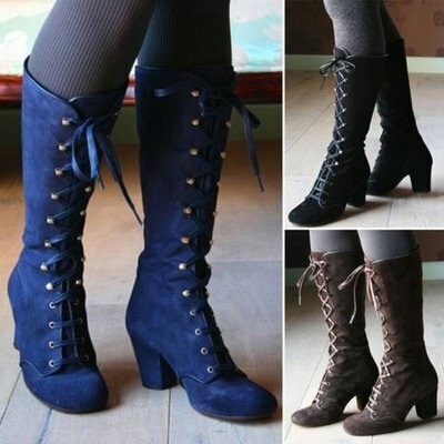 Bottes d'équitation style médiéval pour femmes, chaussures de Cowboy à lacets, en daim, à talons hauts, mi-mollet, Sexy, hiver 2021