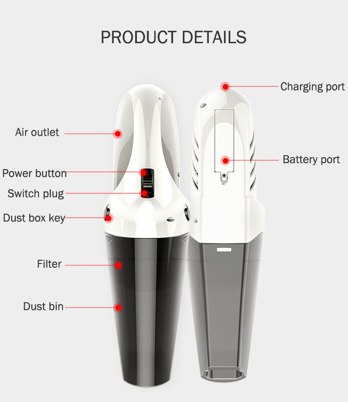 Aspiradora de coche inalámbrico, miniaspirador de mano con alimentación USB de 6500pa, uso húmedo y seco, para el hogar y la Oficina
