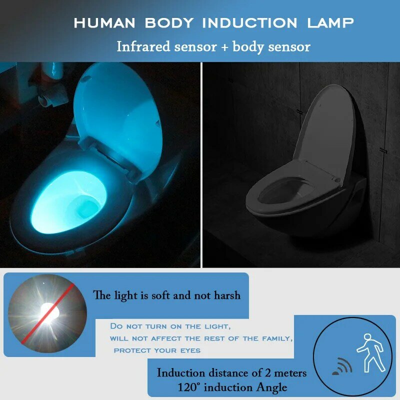 Luz noturna para assento sanitário, lâmpada com sensor de movimento inteligente, 16 cores, à prova d'água, retroiluminação para vaso sanitário