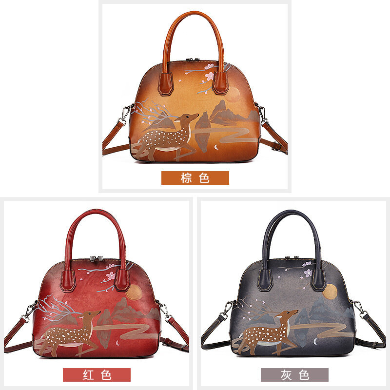 2021 new leather women's bag hand-painted Christmas deer head Leather Messenger Handbag