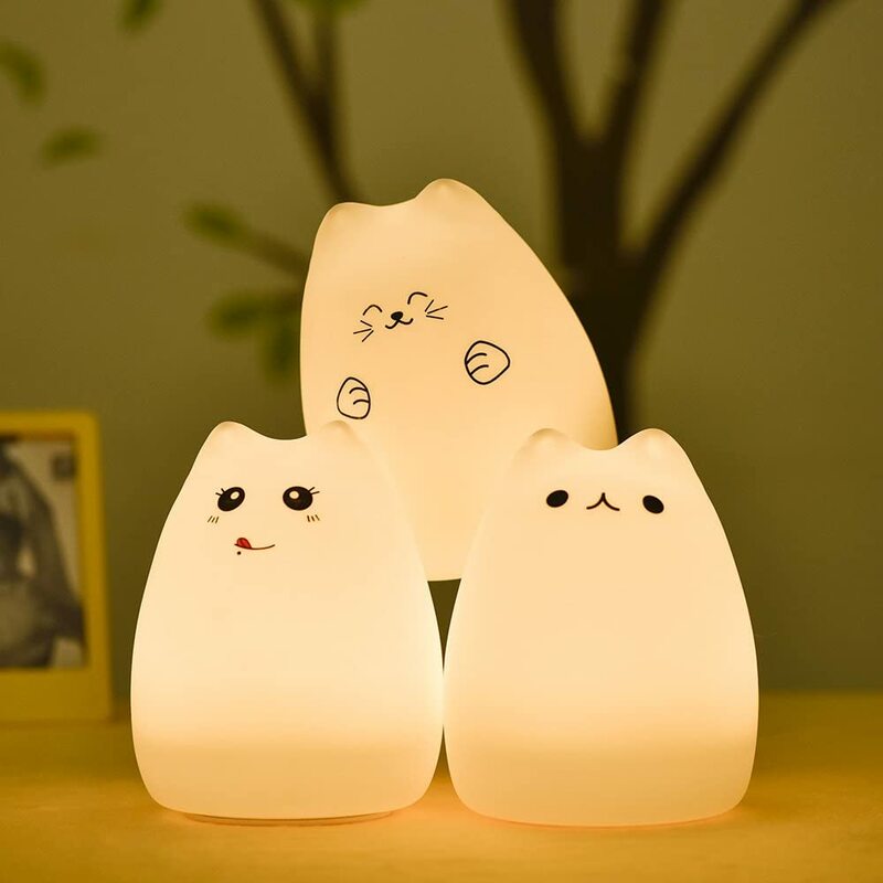 Đèn Ngủ LED Dành Cho Trẻ Em Dùng Pin Ốp Cát Đèn Ngủ Mèo Đèn Nhiều Màu Dễ Thương Mầm Non Đèn Ngủ 7 màu Sắc