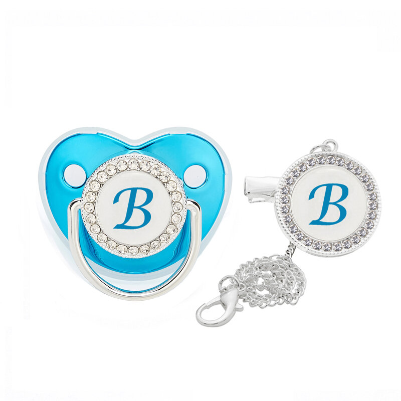 Blue Initial Alphabet Baby Pacifier Clip Lids Bling Newborn Silicone Pacifiers Nipple Teether Dummy Soother Clip