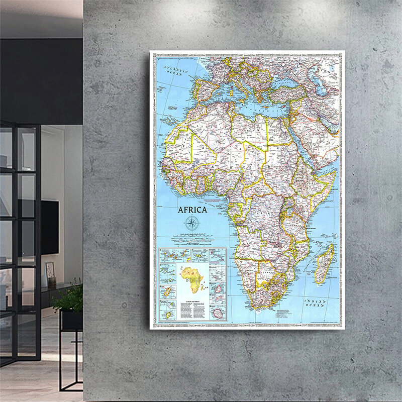 Mapa africano de 150*225 cm para decoração, pintura no tecido, pôster grande vintage, sala, escritório, material escolar
