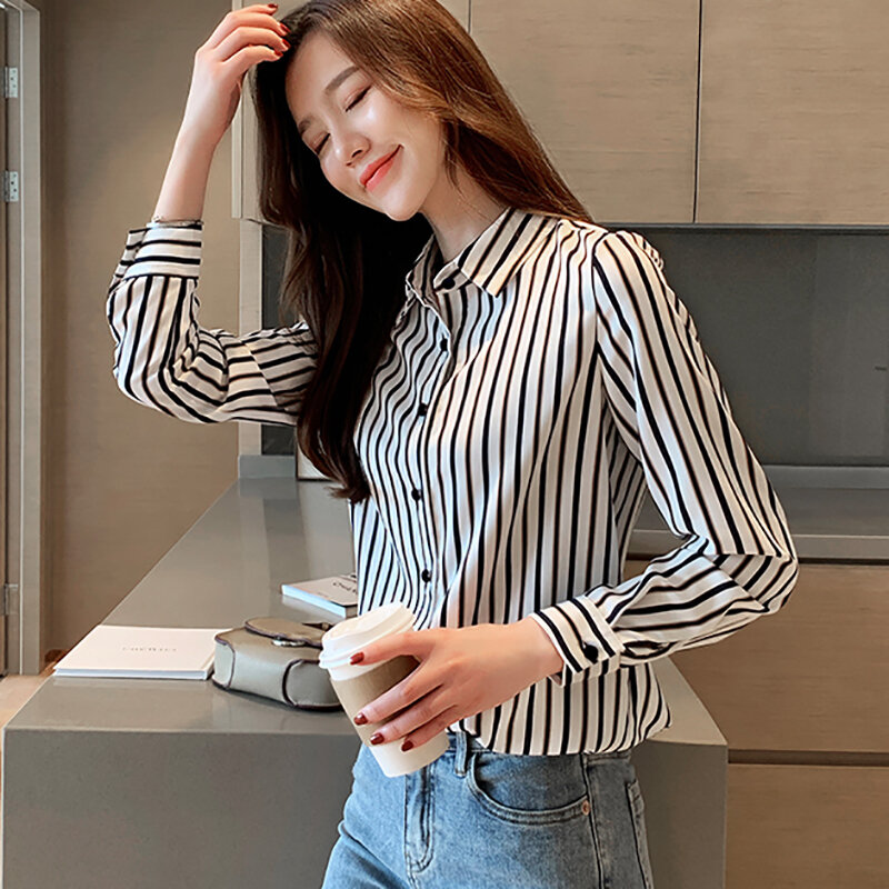 Striped Shirt Female Long Sleeve Button Chiffon Blouse Women 2020 New Office Lady Woman Clothes Womens Blouses Chemisier Femme