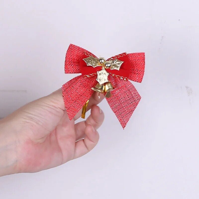 12 Stks/partij Delicate Strik Christmas Gift Bows Met Kleine Bells Diy Bows Craft Kerstboom Decoratie Kerst Strikje 8*8Cm