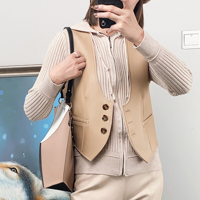 2021 novo estilo de moda feminina curto couro genuíno colete com decote em v