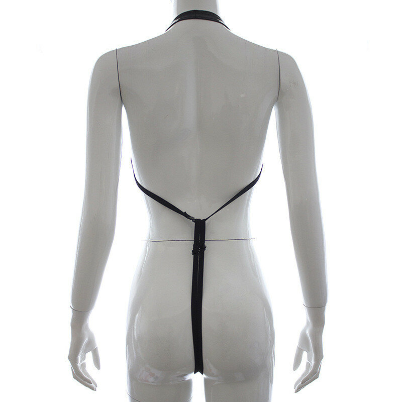 Hot New Sexy Women Leather Strap Body Harness Halter Teddies with Metal Chained Bra and Crotch Fetish Bodysuit Costume  Adults