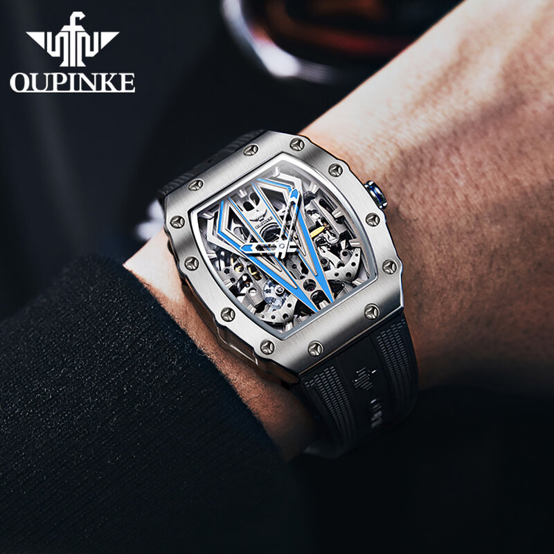 Oupinke Merk Luxe Horloge Voor Mannen Automatische Mechanische Siliconen Band Sapphire Spiegel Tonneau Skeleton Horloges Waterdichte Sport