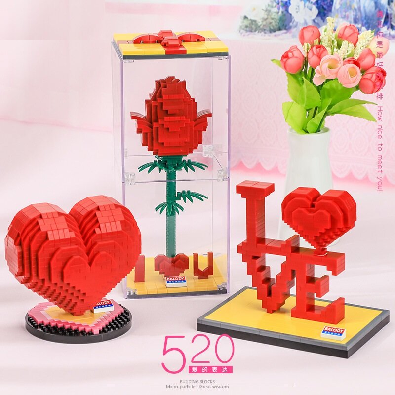 Конструктор серии Courtship, красное сердце, роза, любовь, слово, модель, конструктор, игрушка 520, подарок на день Святого Валентина