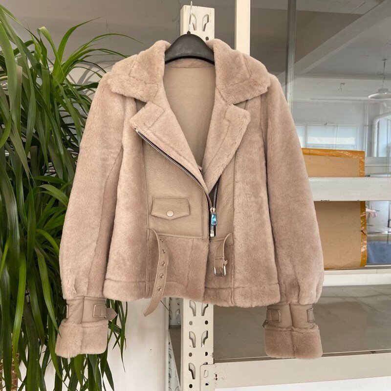 สีเทาคุณภาพสูงราคาดีผู้หญิง Shearling Jacket สุภาพสตรี Lamb Fur ของแท้หนังธรรมชาติ100% เสื้อขนสัตว์ฤดูหนาว Warm