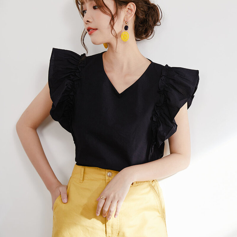 สีดำ Ruffle Top เซ็กซี่ V คอฤดูร้อนสั้นเสื้อ \ \ \ \ \ \ \ \ \ \ \ \ \ \ \ \ \ เสื้อแฟชั่น Falbala หญิงสไตล์เกาหลี2021เสื้อ