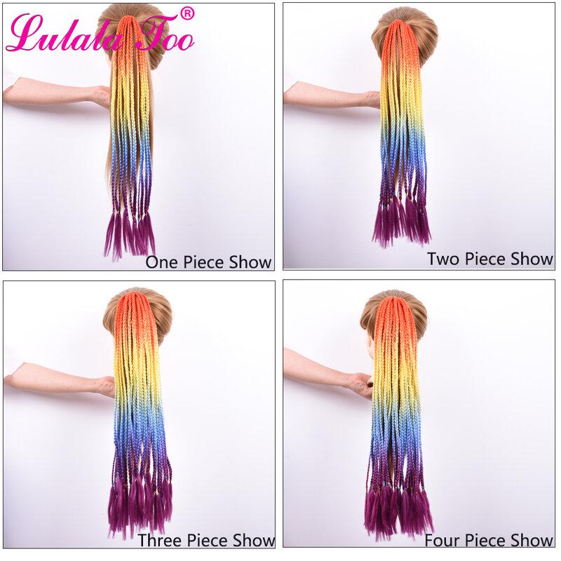 24inch Ponytail Hairpiece With Rubber Elastic Band Hair Ring Crochet Braid Synthetic Pony Tail Hair Extension Pink Rainbow Wig