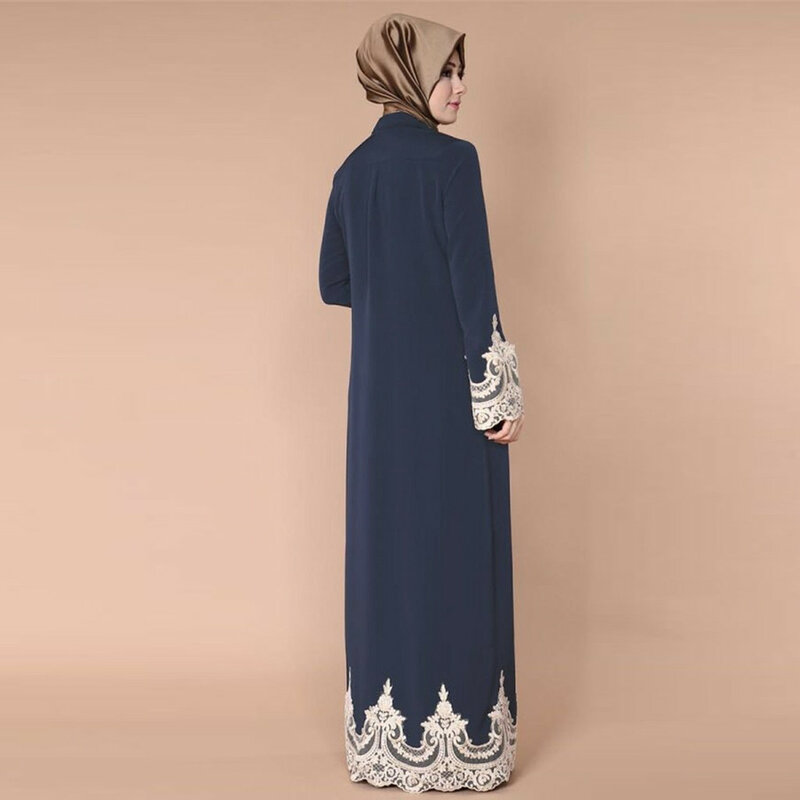 Moda 2021 sukienka muzułmańska kobiety sukienki Femme Pure Color pełna klamra koronkowa szata długie rękawy elegancka długa suknia
