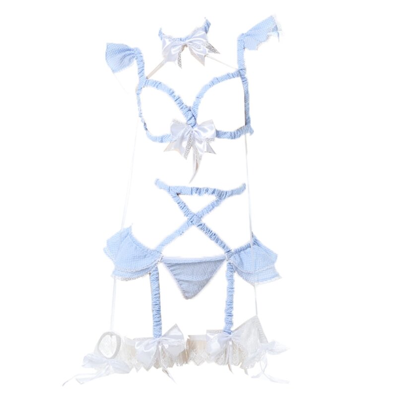 Bowknot Design Lovely Pink Blue Housemaid Costumes Gothic Punk Slave Body Cage durezza reggicalze Lingerie Set L41B