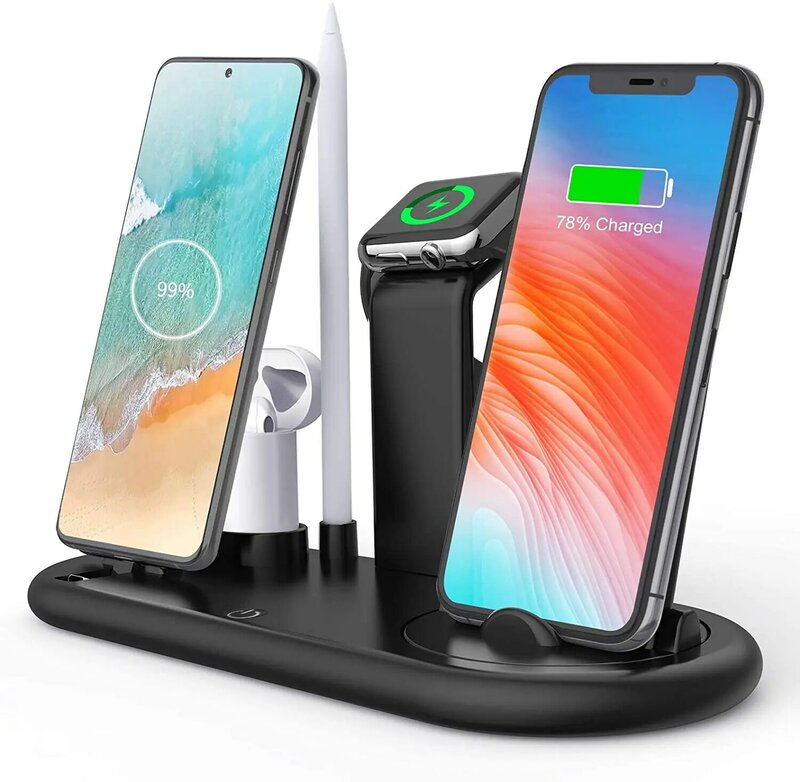 10W Fast Wireless Charger 6 In 1สำหรับ IPhone 12 11 XR IWatch 6 5 4สำหรับ AirPods Pro ดินสอ Charger Dock Station โคมไฟ LED