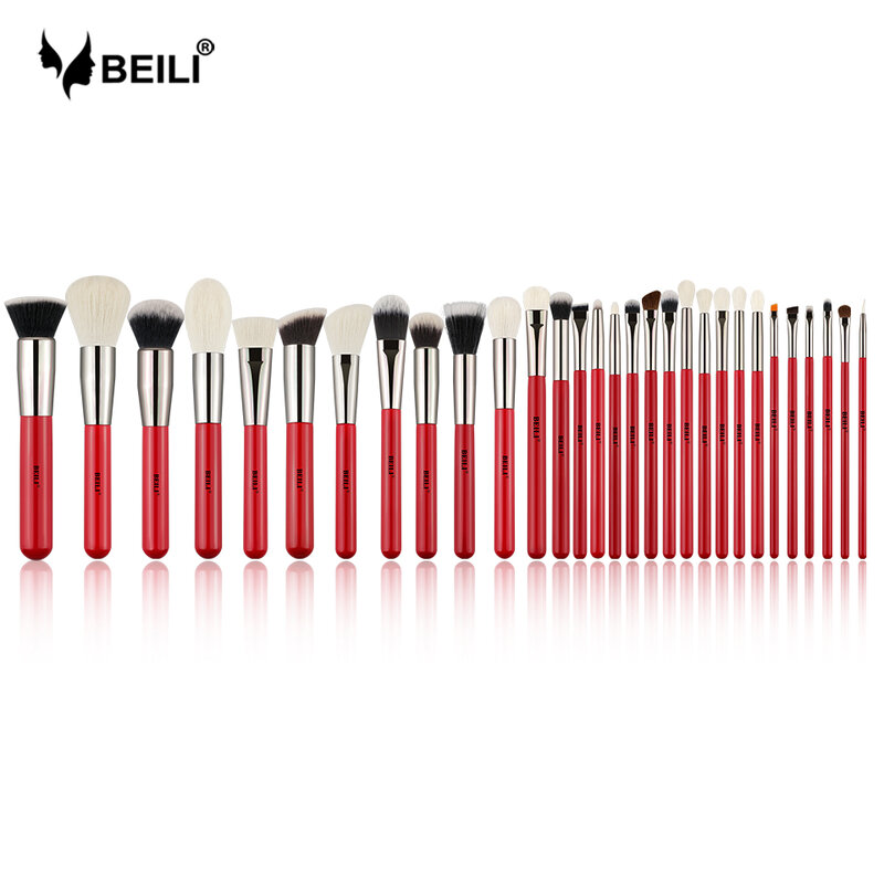 BEILI – ensemble de pinceaux de maquillage professionnels rouges, 30 pièces, base de cheveux naturels, ombre à paupières, sourcils
