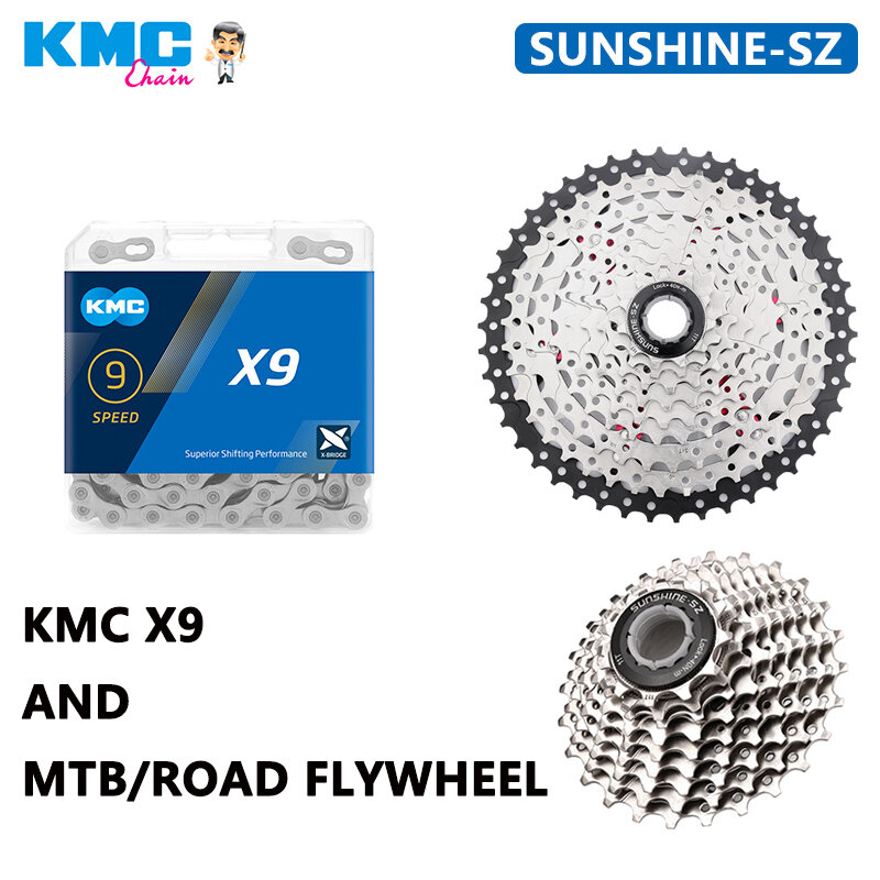 SUNSHINE 9V MTB Road Bike Set Rantai Roda Gila 11-23/25/28/32/36/40/42/46/50T Cassette KMC X10 CN-HG53 Chains Untuk Sram SHIMANO K7
