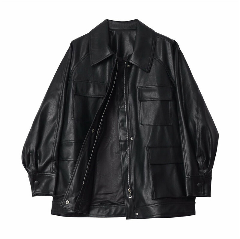 LEDEDAZ 2020 New Spring Autumn Women PU Leather Jacket Mid- Long Moto Biker Jacket Black Faux Leather Coat Zipper Belt Pocket