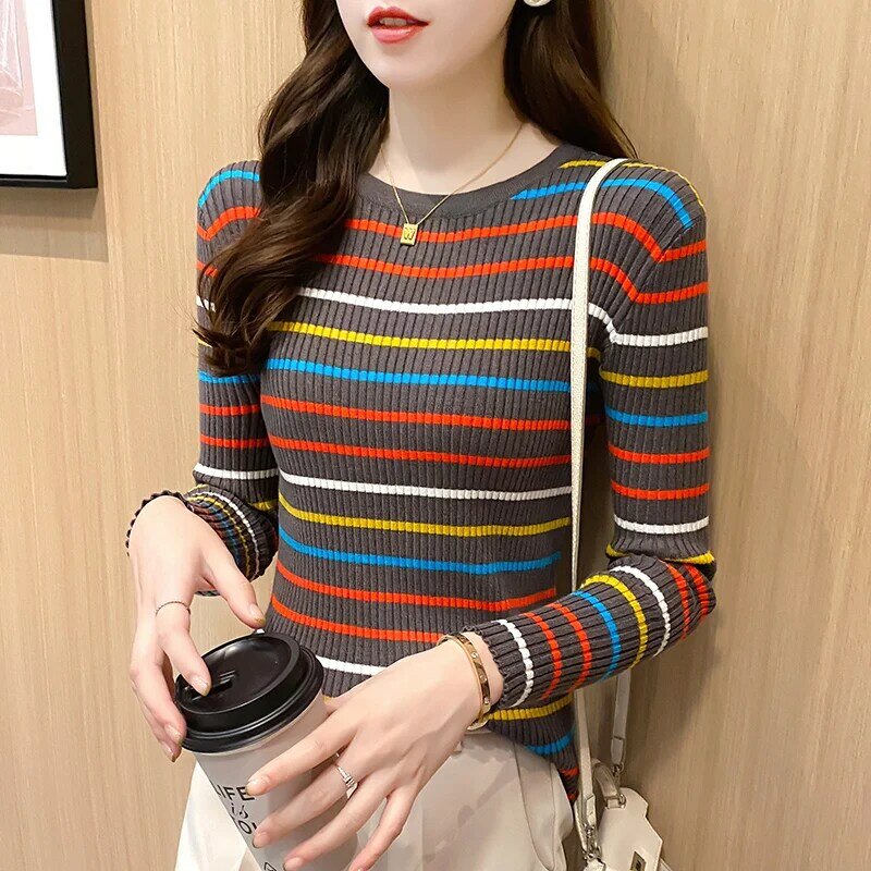 New Women Rainbow Stripe Sweater Autumn Slim Long Sleeve Pullover Tops Korean Ladies Knitted Elegaht Sweaters Woman Jumper Mujer