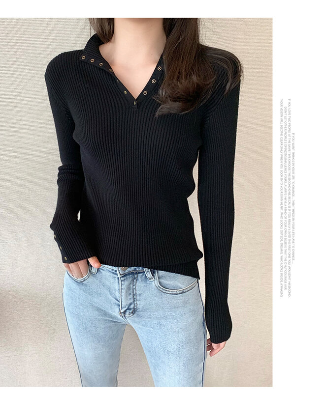 Internet celebridade meio-aberto colarinho botão de lã topo para mulher 2019 novo estilo ocidental solto interior usar base v-neck camisola