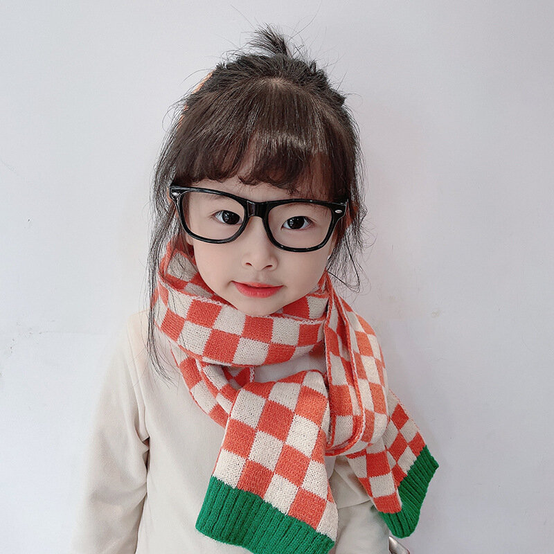 Kinder Herbst Winter Plaid Gestrickte Schal Kinder Koreanische Mode Verdicken Warme Woll Schal Patchwork Halstuch Für Jungen Mädchen