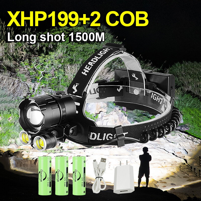El más nuevo XHP199 Potente faro Usb Linterna de cabeza recargable LED XHP90 Linterna impermeable 18650 Luz de lámpara de cabeza de alta potencia