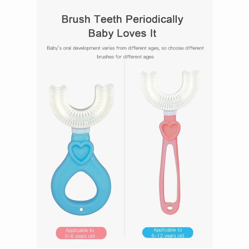 Escova de dentes em forma de u das crianças das crianças 360 graus escova de limpeza completa clareamento massagem escova de dentes modelagem do bebê idade 2-12