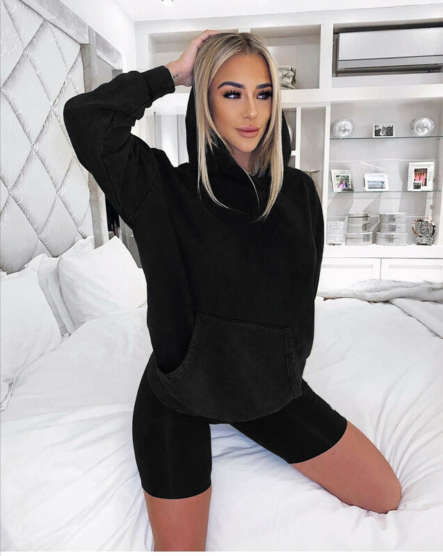 Women 2 Piece Set Long Sleeve Hoodies Skinny Shorts Joggers Female Outfits 2021 New Solid Color Sweat Suits Women Sportwear