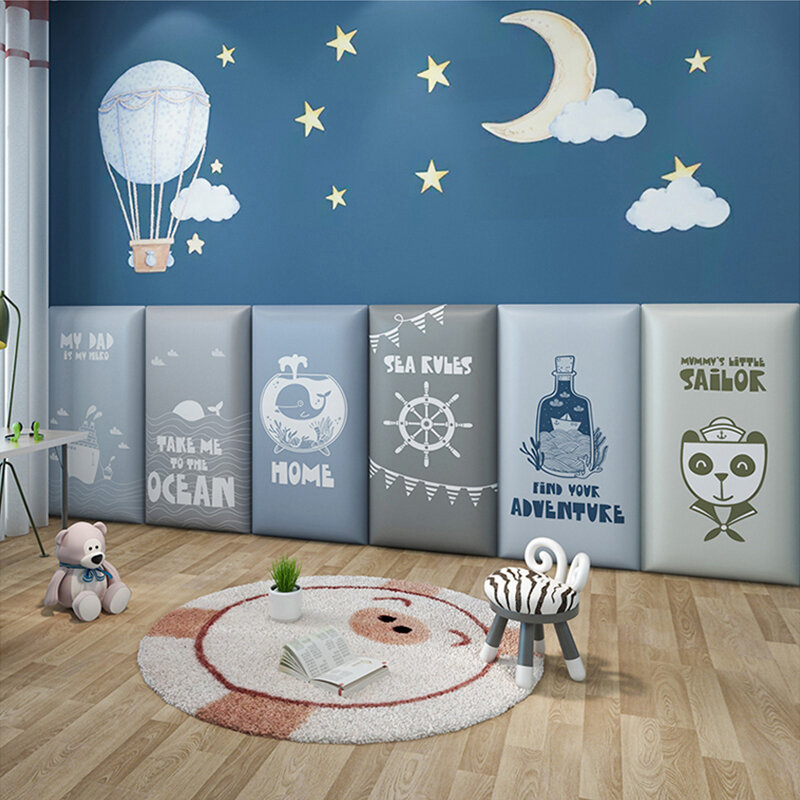 المضادة للتصادم ثلاثية الأبعاد الجدار ملصق اللوح الأمامي للسرير ديكور الأزرق القمر Morandi نمط حزمة لينة حصير غرفة الأطفال خلفية ديكور