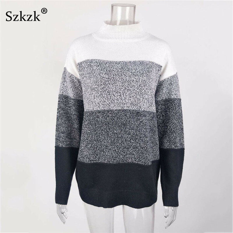 Szkzk Color Block Knit Sweater Top Loose Pullover Women Female Jumper Fall Winter Patchwork Long Sleeve Turtleneck Sexy Sweaters