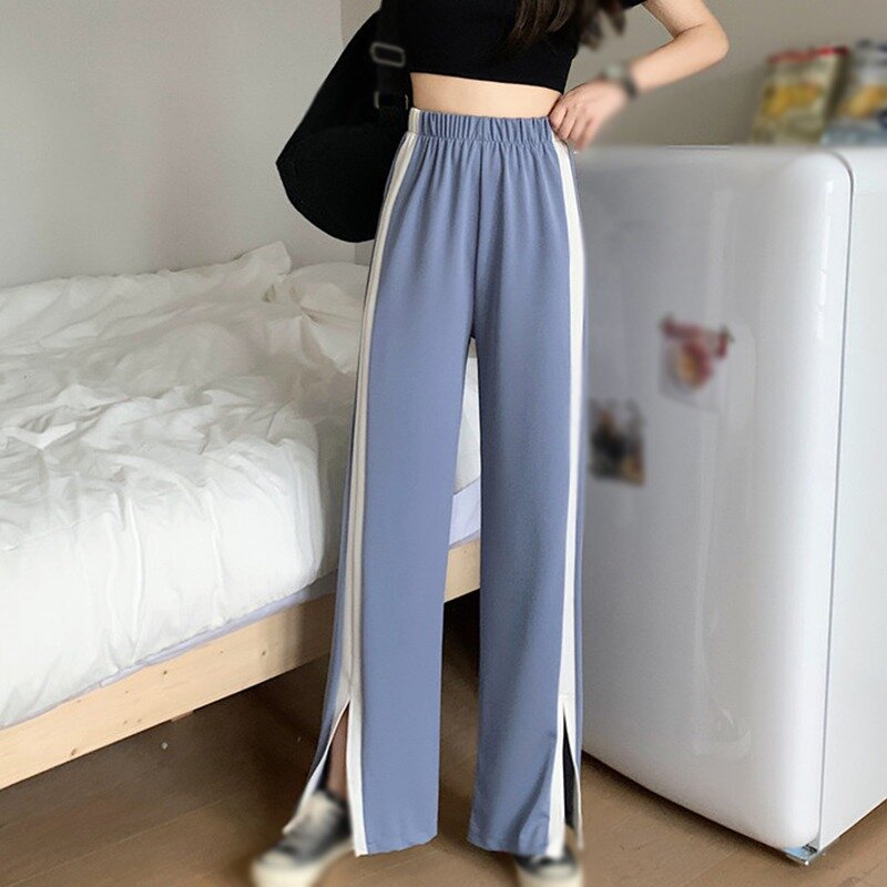 Pantalones de pierna ancha para mujer, pantalón informal elástico de cintura alta, recto, deportivo, holgado, largo, negro/azul