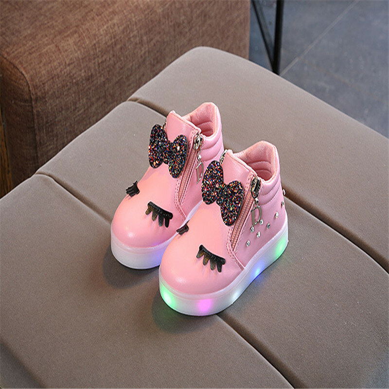 2021 leuchtende Led Casual Schuhe Für Mädchen Mode Kinder Frühling Herbst Korb Cute Bogen Baby Sneaker Flache Schuhe geburtstag präsentieren
