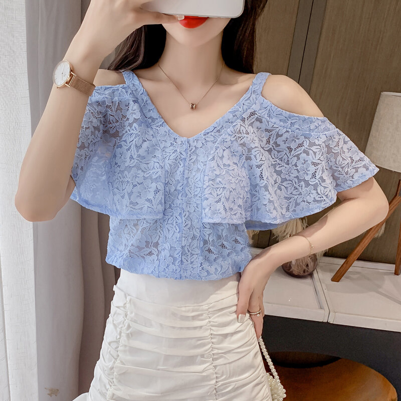 블라우스 셔츠 풀오버 반팔 2021 여름 새로운 레이스 빈티지 오프-어깨 슬림 패션 한국어 버전 여성 톱 130i