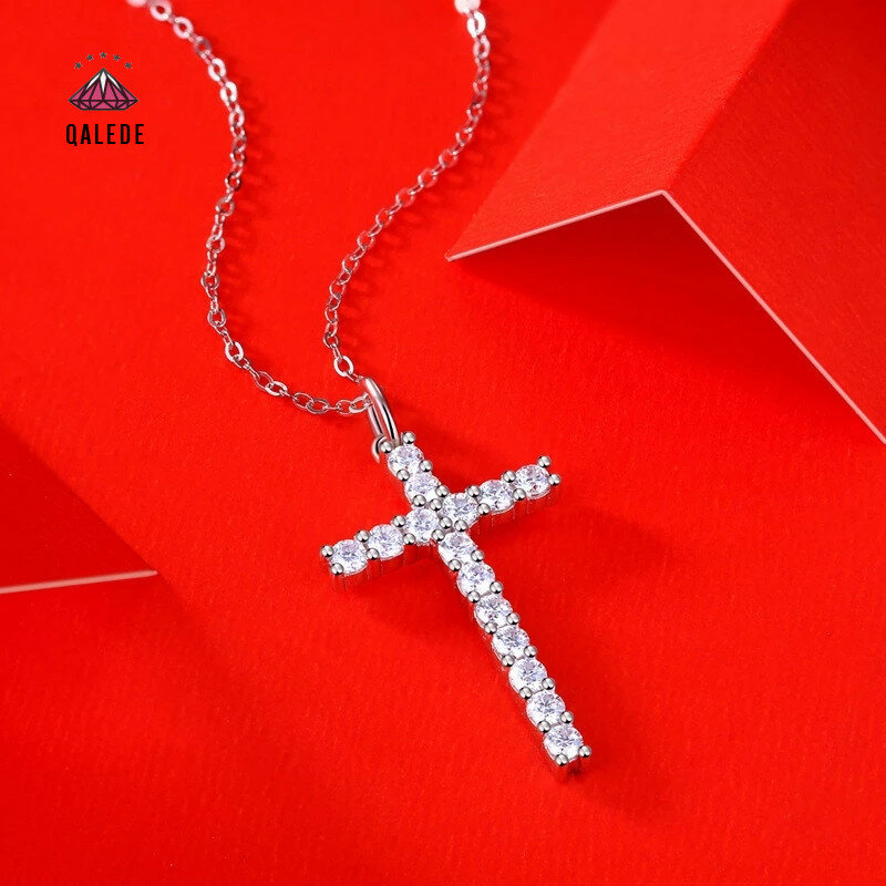 QALEDE naszyjnik S925 srebro Moissan naszyjnik diamentowy wysokiej jakości wiara krzyż Pendan naszyjnik dla damska biżuteria na prezent