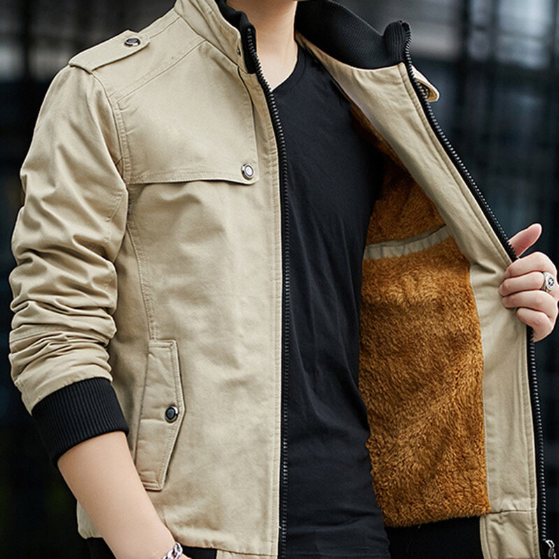 Chaqueta de estilo coreano para hombre, chaqueta informal de terciopelo de mediana edad, con cuello levantado, para primavera y otoño