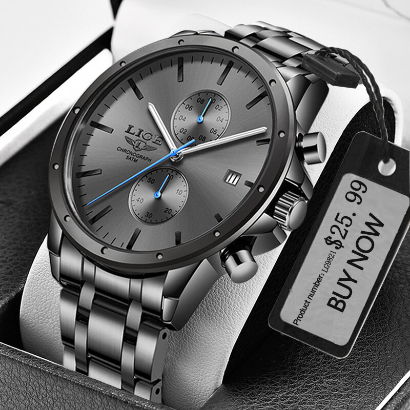 Lige relógio masculino luxuoso de aço inoxidável, relógio cronógrafo de quartzo esportivo