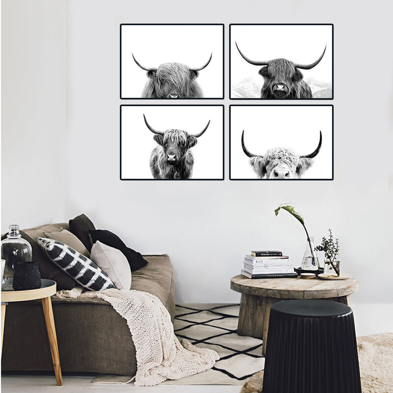 สีดำและสีขาวHighland Cowวัวผนังผ้าใบArt Nordicภาพวาดโปสเตอร์และพิมพ์สแกนดิเนเวียนภาพผนังสำหรับห้องนั...