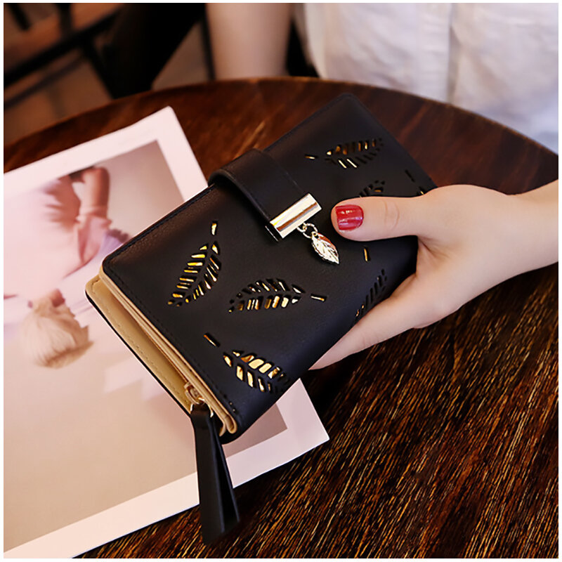 Luxury Brand Wallets for Women 2020 Fashion Multi-card Long Wallet Gold Hollow Leaf Coin Purse Multi-functional Versatile Clutch