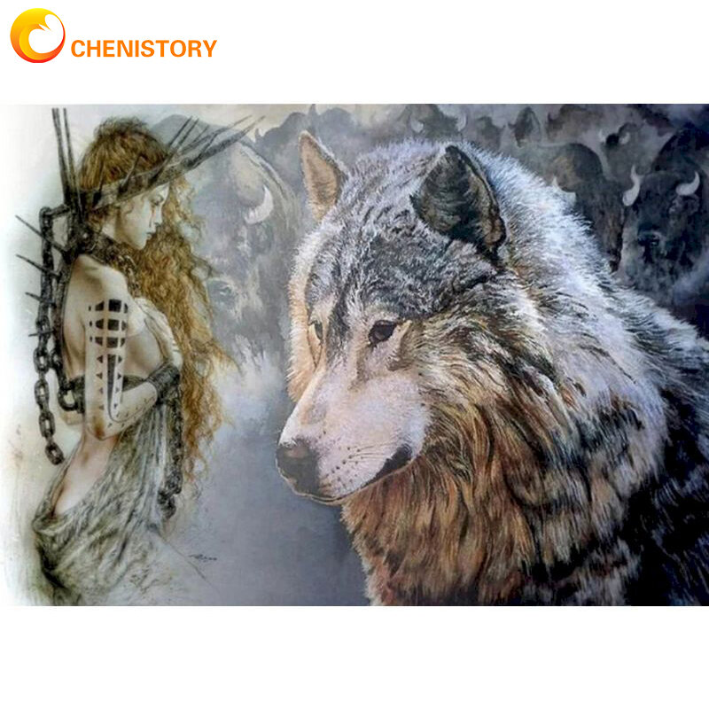 Lukisan CHENISTORY dengan Angka Wanita dan Serigala DIY Cat Minyak Akrilik Pewarnaan Pemandangan dengan Angka Kit Dewasa Seni Dekorasi Rumah