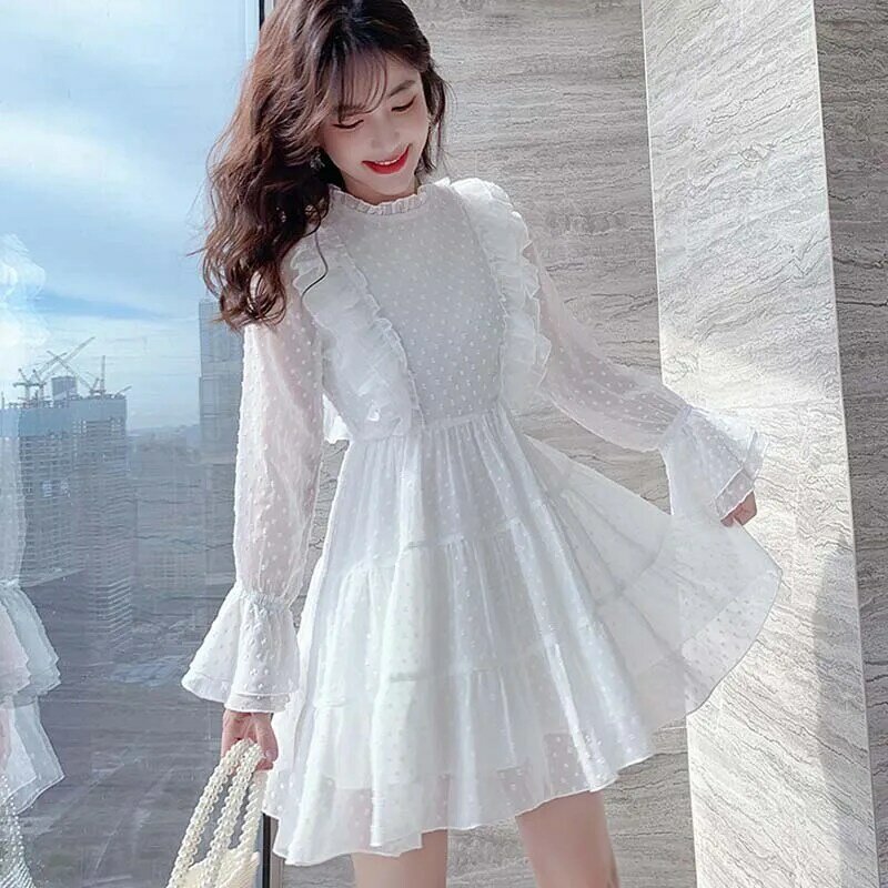 Mini vestido de fada elegante coreano, verão 2021, feminino, manga longa, renda, chiffon, designer casual, francês, roupas femininas