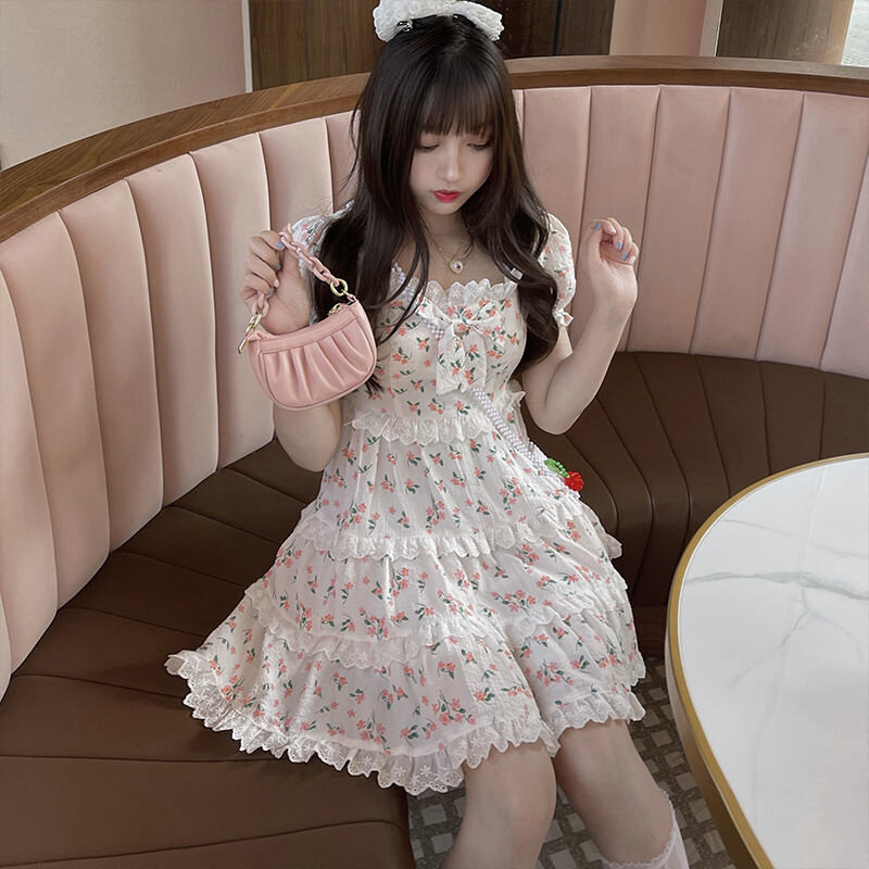 Women Summer One-Piece Korean Fashion Lace Sweet Cute Dress Vintage Soft Girl Square Collar Puff Sleeve Floral Kawaii Dress Y2k