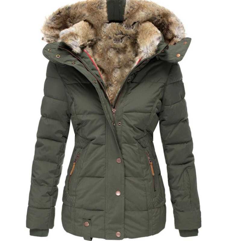 European and American winter warm casual ladies fur collar single-breasted zipper Cardigan Long Sleeve Cotton Hooded Jacket