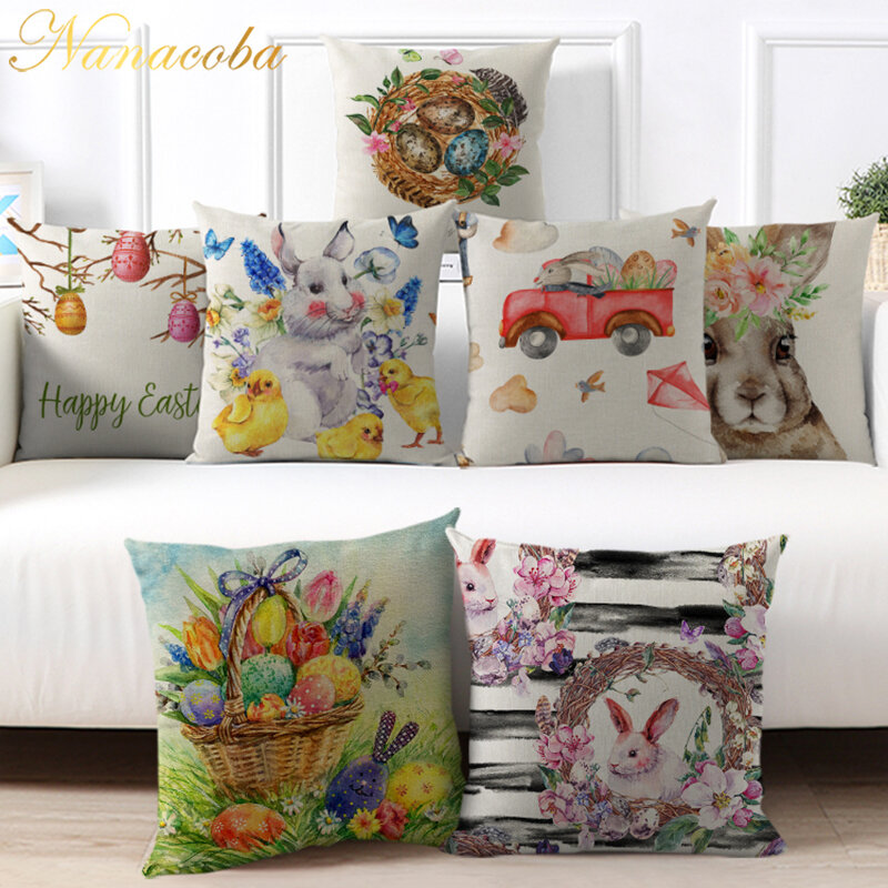 Capa de travesseiro de desenhos animados, 45x45cm, ovos de páscoa, coelhos, estampados, decorativa, capa para sofá, cadeiras, decoração de casa, fronha