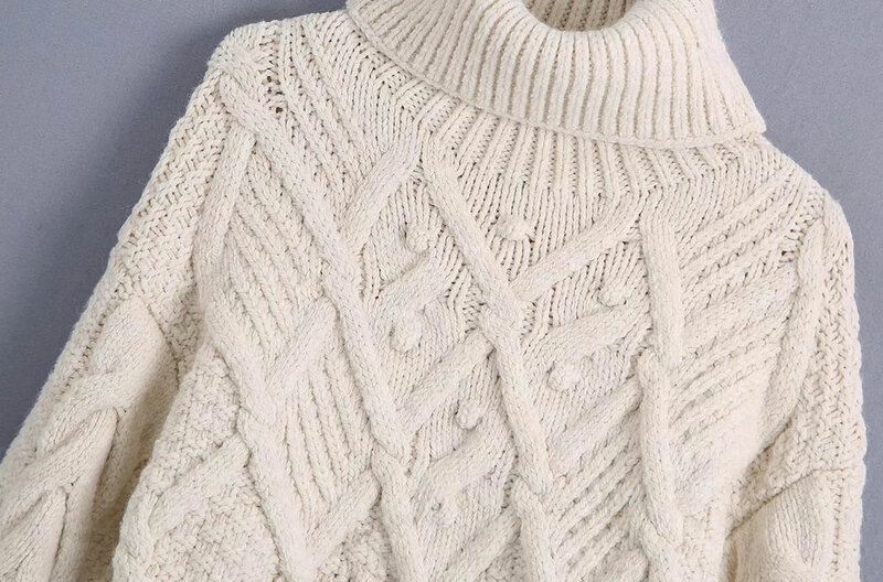 Suéter con pompón de manga larga para mujer, Jersey holgado de punto de Cable, Vintage, cuello alto, Tops Chic