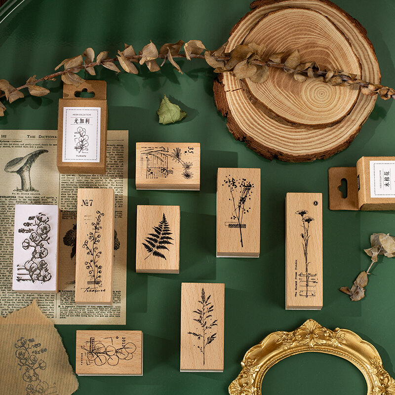 Stempel Karet Kayu Eucalyptus Dekorasi Seri Rumput Tanaman Retro untuk Alat Tulis Buku Tempel Segel Standar Kerajinan DIY
