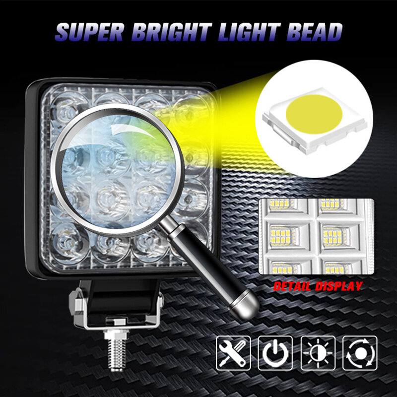 Mini luz de trabajo cuadrada de 48W, 12V y 24V, luces antiniebla, lámpara de diodo, barra de luz LED para camión todoterreno 4X4 4WD, coche SUV ATV IP67