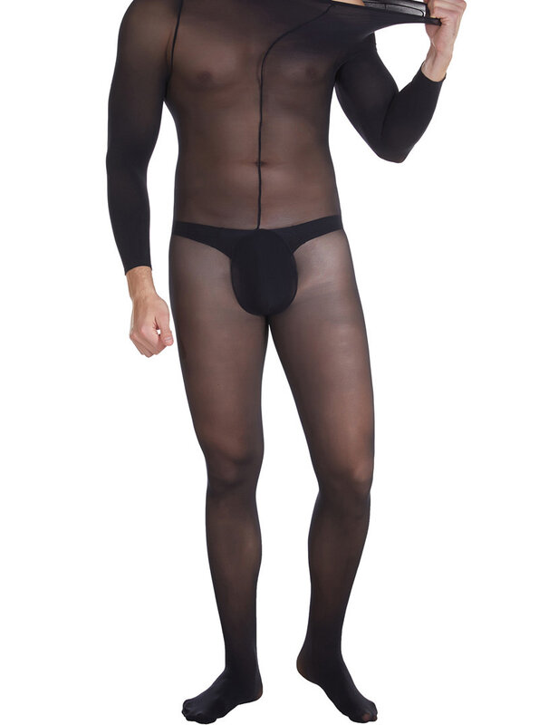 Gay masculino sexy bodysuit aberto macacão suave bainha meia-calça lingerie meias de meia