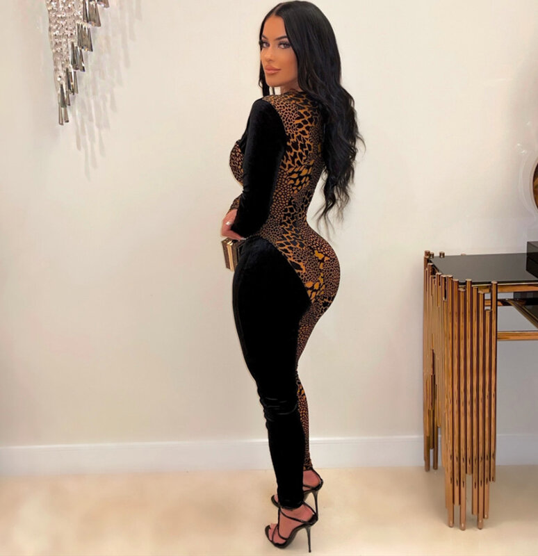 Sexy Women Jumpsuit Print Leopard Hollow Out Full Sleeve Bodycon Streetwear Long Romper Women Jumpsuit Overalls